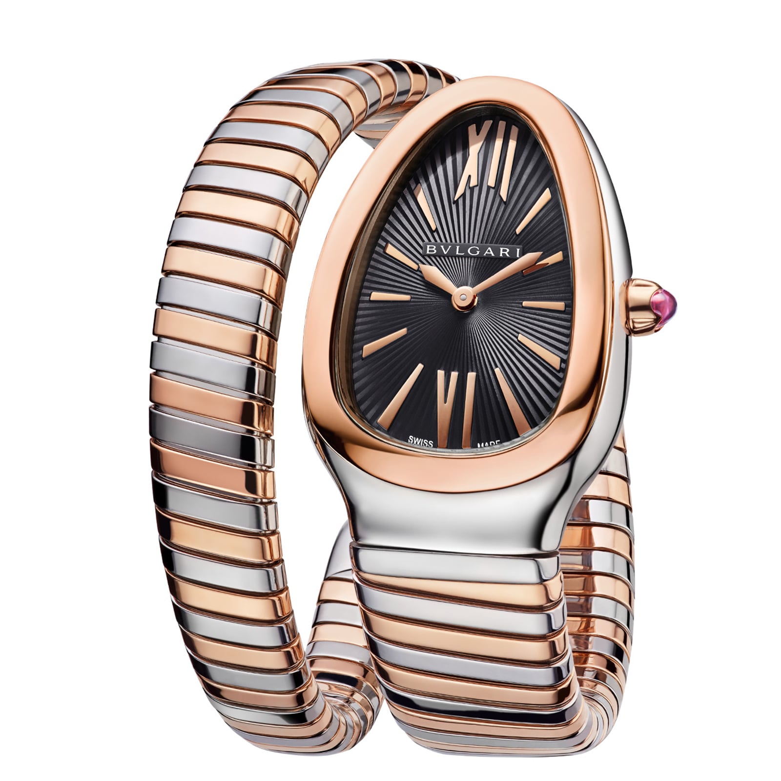 Bvlgari Stainless Steel and 18k Rose Gold Serpenti Tubogas 35mm Black Dial Ladies Watch