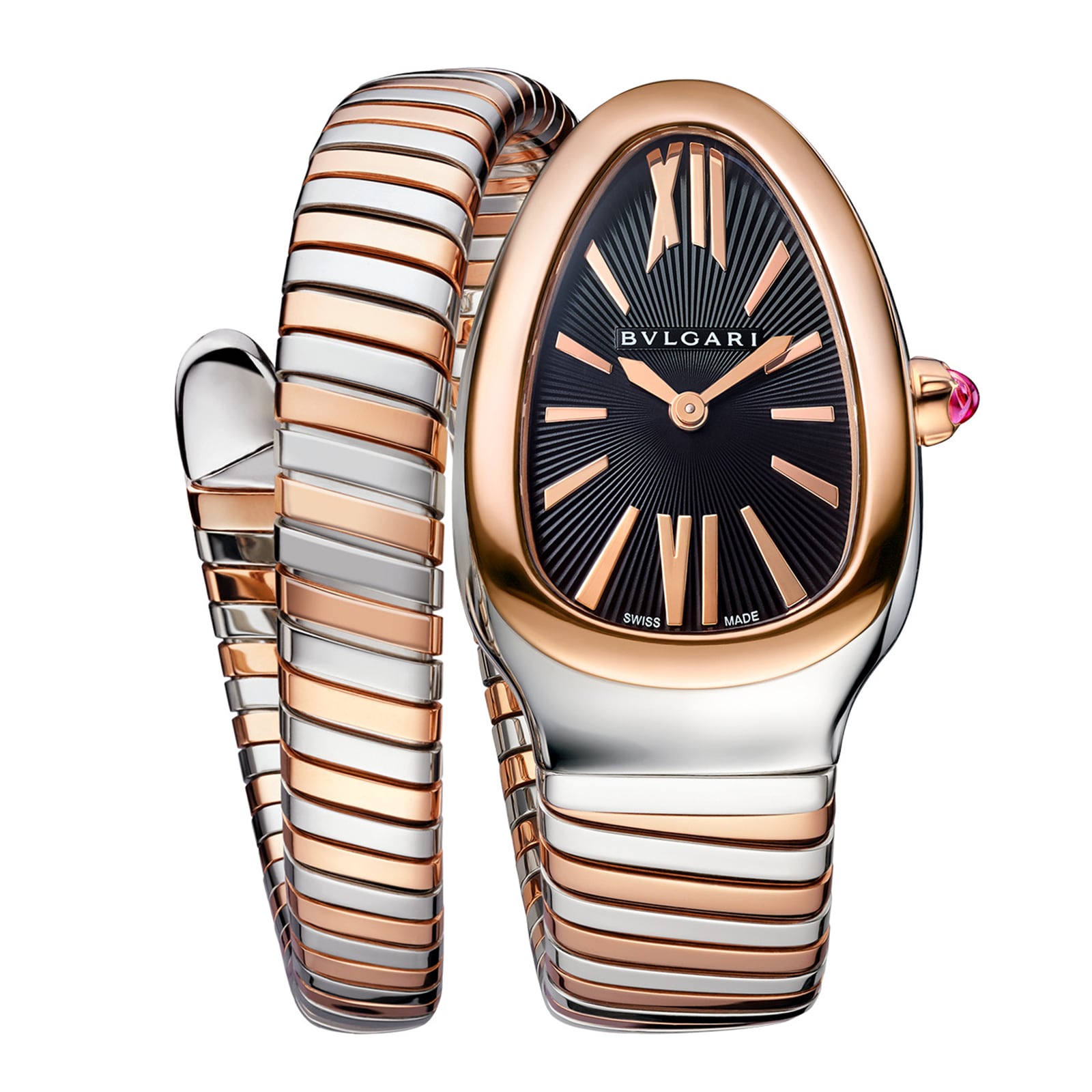 Bvlgari Stainless Steel and 18k Rose Gold Serpenti Tubogas 35mm Black Dial Ladies Watch