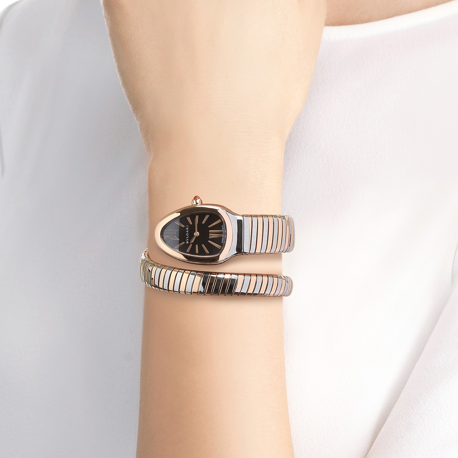 Bvlgari Stainless Steel and 18k Rose Gold Serpenti Tubogas 35mm Black Dial Ladies Watch