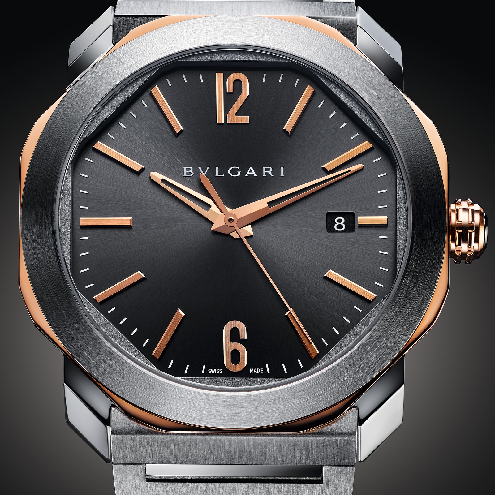 Bvlgari Stainless Steel and 18k Rose Gold Octo Roma 41mm Grey Dial Automatic Gents Watch