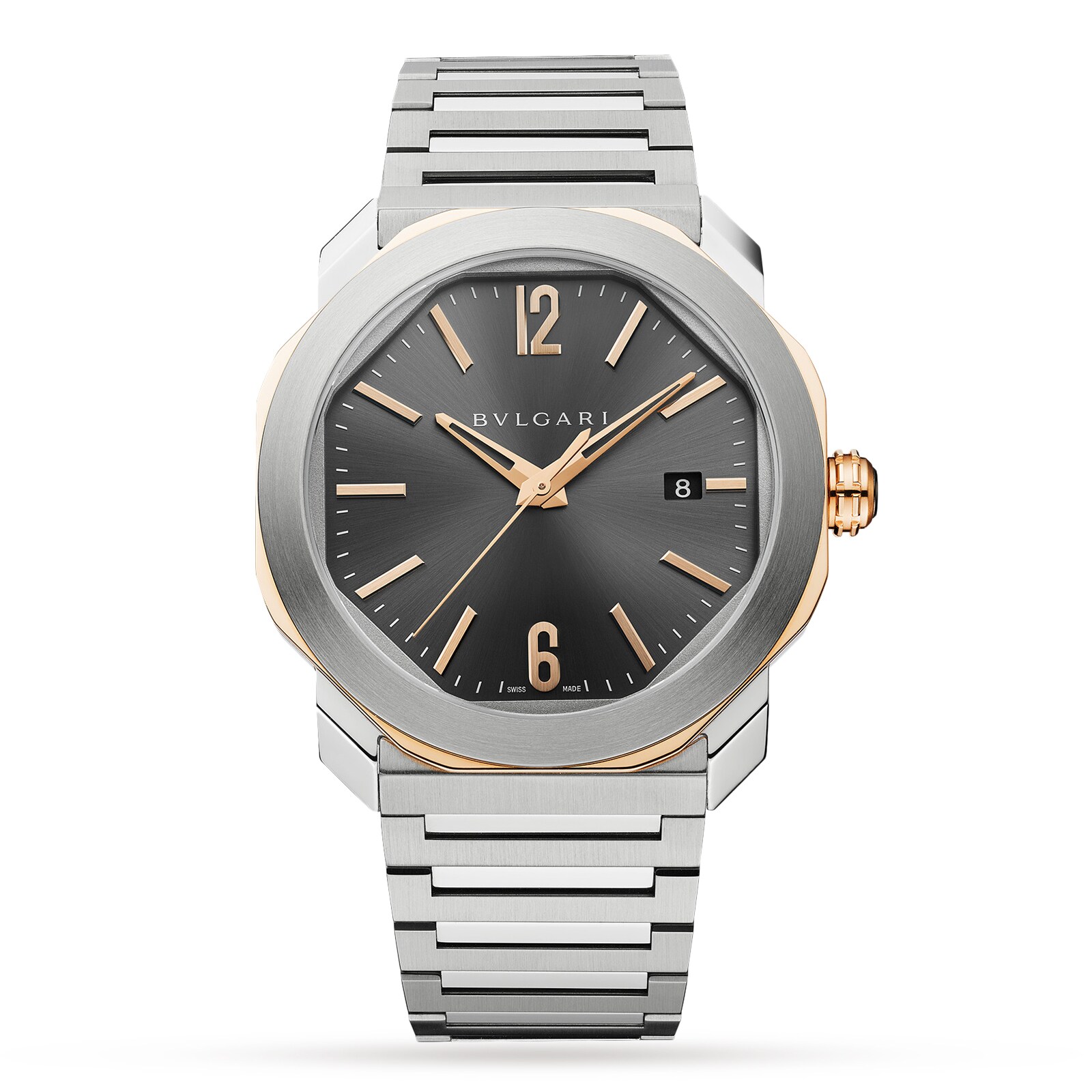 Bvlgari Stainless Steel and 18k Rose Gold Octo Roma 41mm Grey Dial Automatic Gents Watch