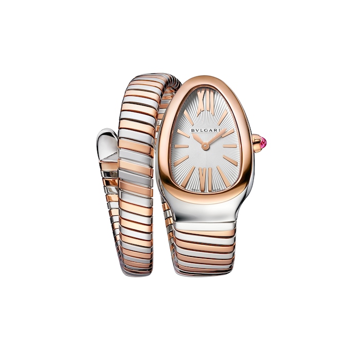 Bvlgari 18k Rose Gold and Steel Serpenti Tubogas 35mm Silver Dial Diamond Ladies Watch