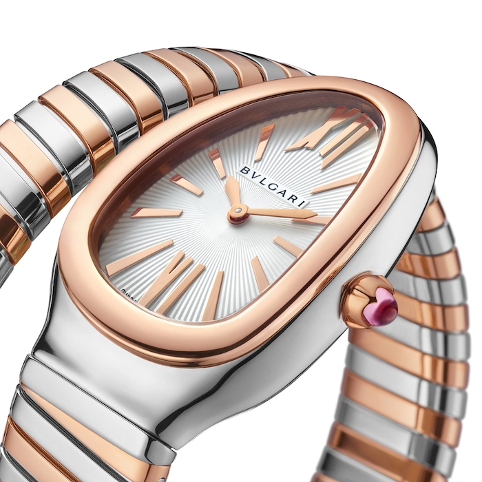 Bvlgari 18k Rose Gold and Steel Serpenti Tubogas 35mm Silver Dial Diamond Ladies Watch