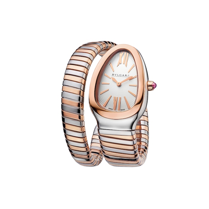 Bvlgari 18k Rose Gold and Steel Serpenti Tubogas 35mm Silver Dial Diamond Ladies Watch