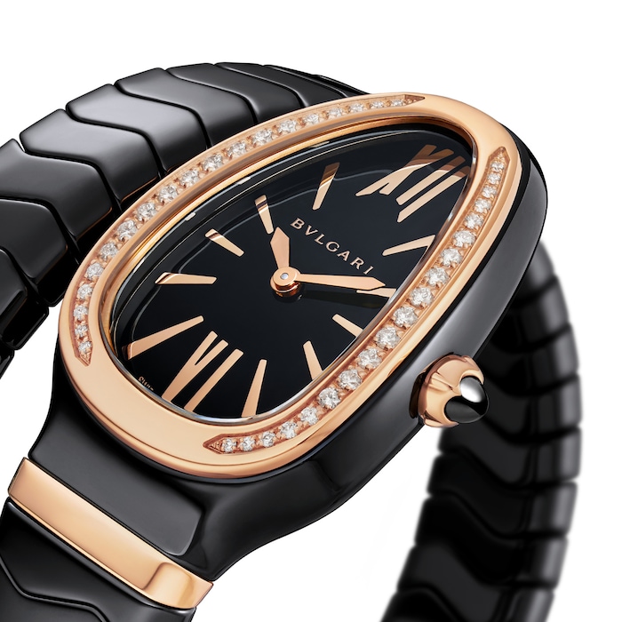 Bvlgari 18k Rose Gold and Black Ceramic Serpenti Spiga 35mm Black Dial Diamond Ladies Watch