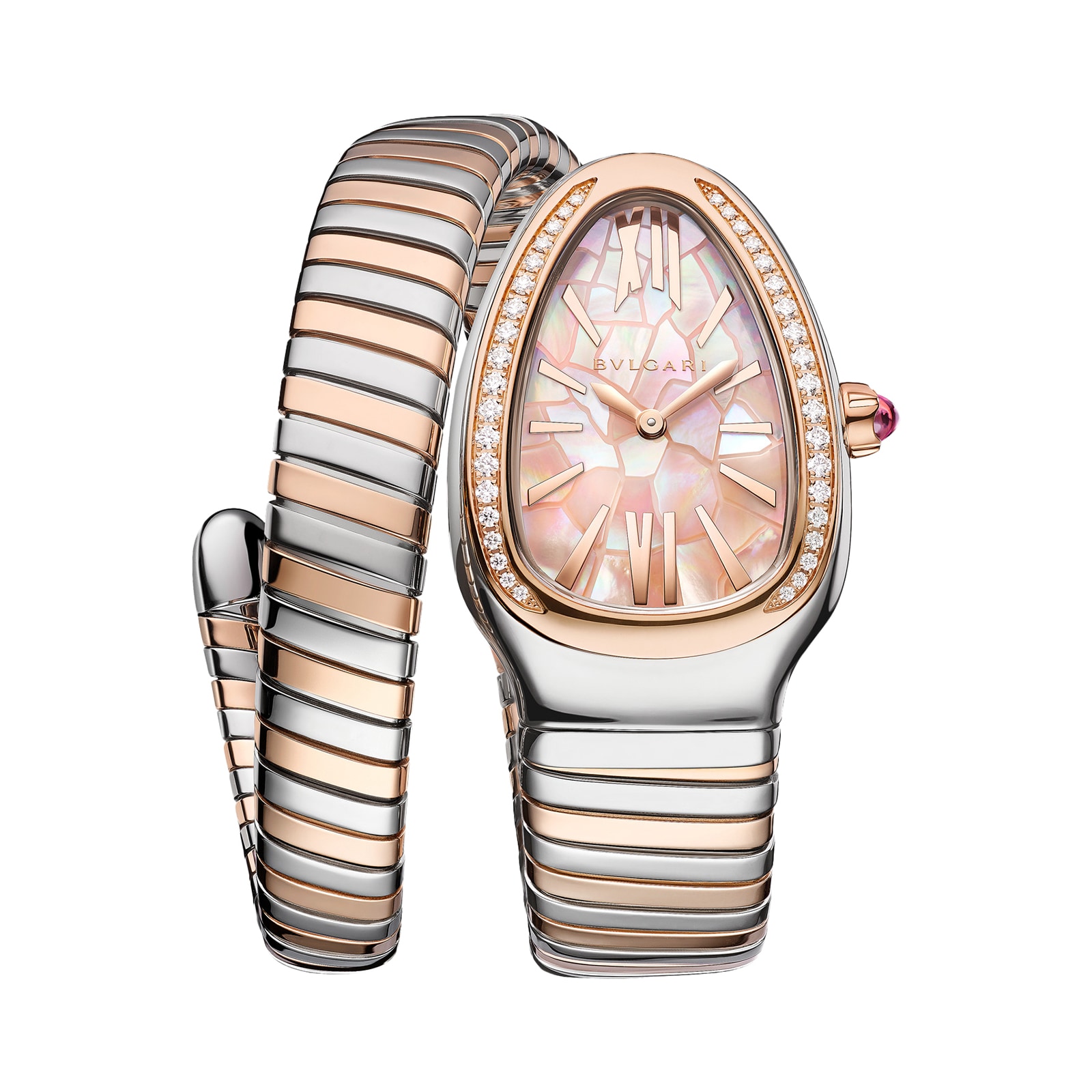 Bvlgari Stainless Steel & 18K Rose Gold Serpenti Tubogas Diamond & Mother Of Pearl Ladies Watch