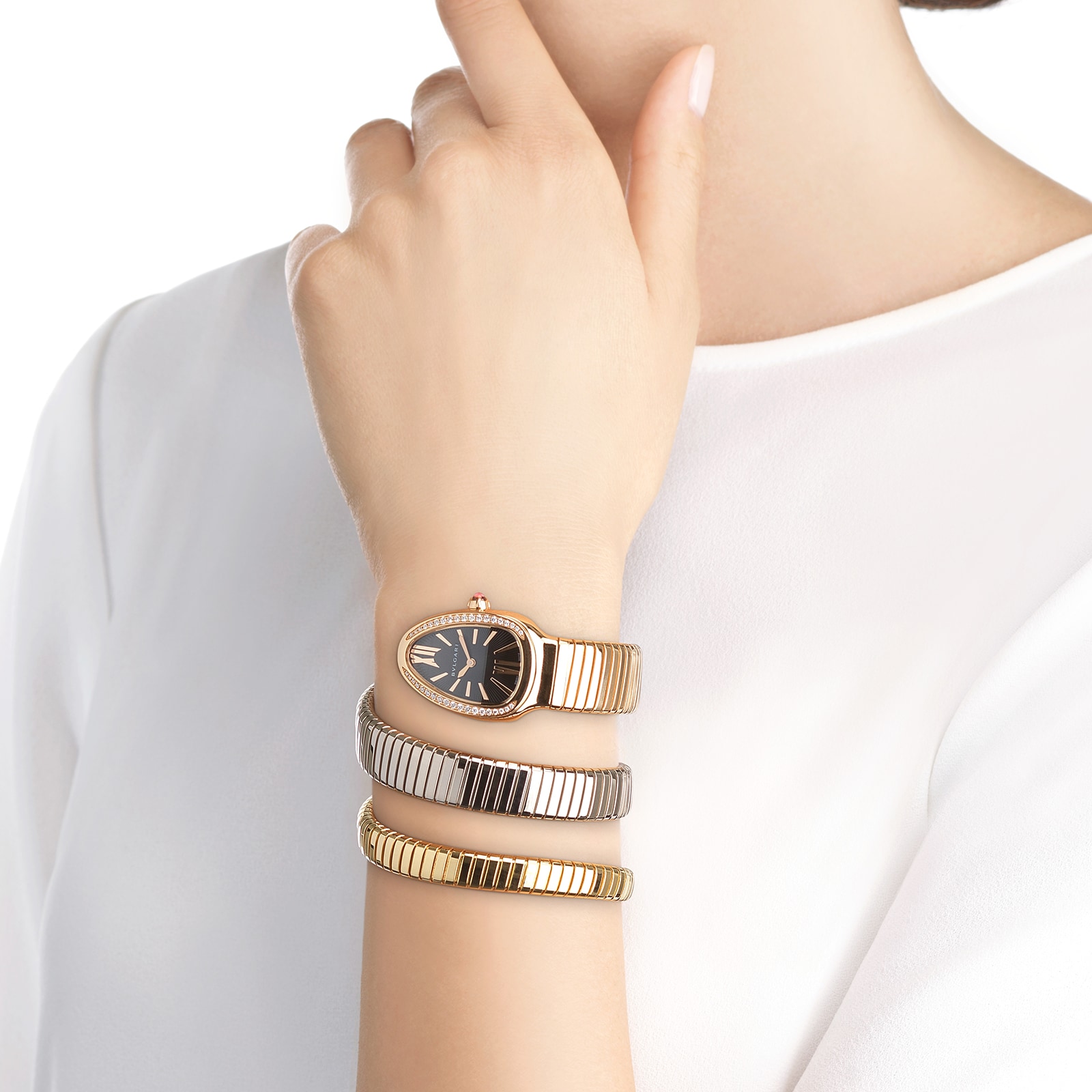 Bvlgari 18K Tri Color Serpenti Tubogas Double Spiral Diamond Watch Bvlgari 18K Tri Color Serpenti Tubogas Double Spiral Diamond Watch
