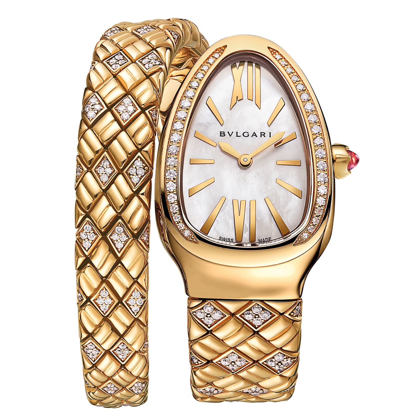Bvlgari 18K Yellow Gold Serpenti Spiga Diamond & Mother Of Pearl Single Spiral Watch
