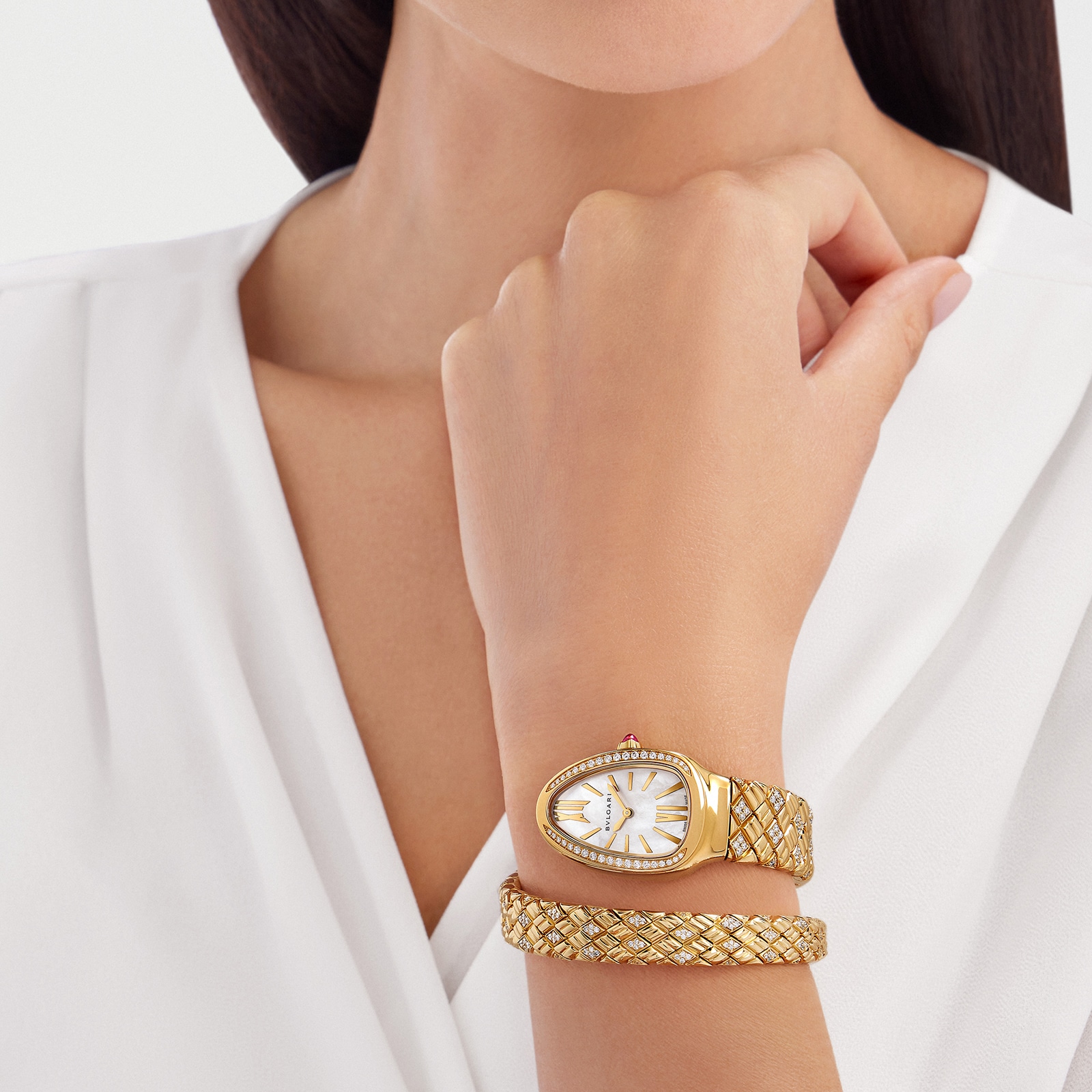 Bvlgari 18K Yellow Gold Serpenti Spiga Diamond & Mother Of Pearl Single Spiral Watch Bvlgari 18K Yellow Gold Serpenti Spiga Diamond & Mother Of Pearl Single Spiral Watch