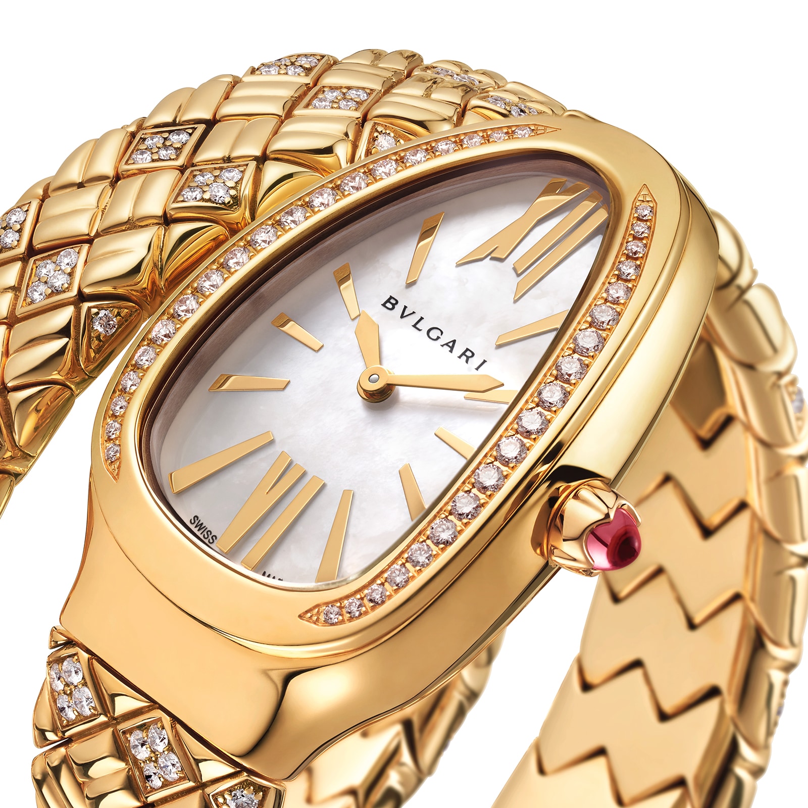Bvlgari 18K Yellow Gold Serpenti Spiga Diamond & Mother Of Pearl Single Spiral Watch