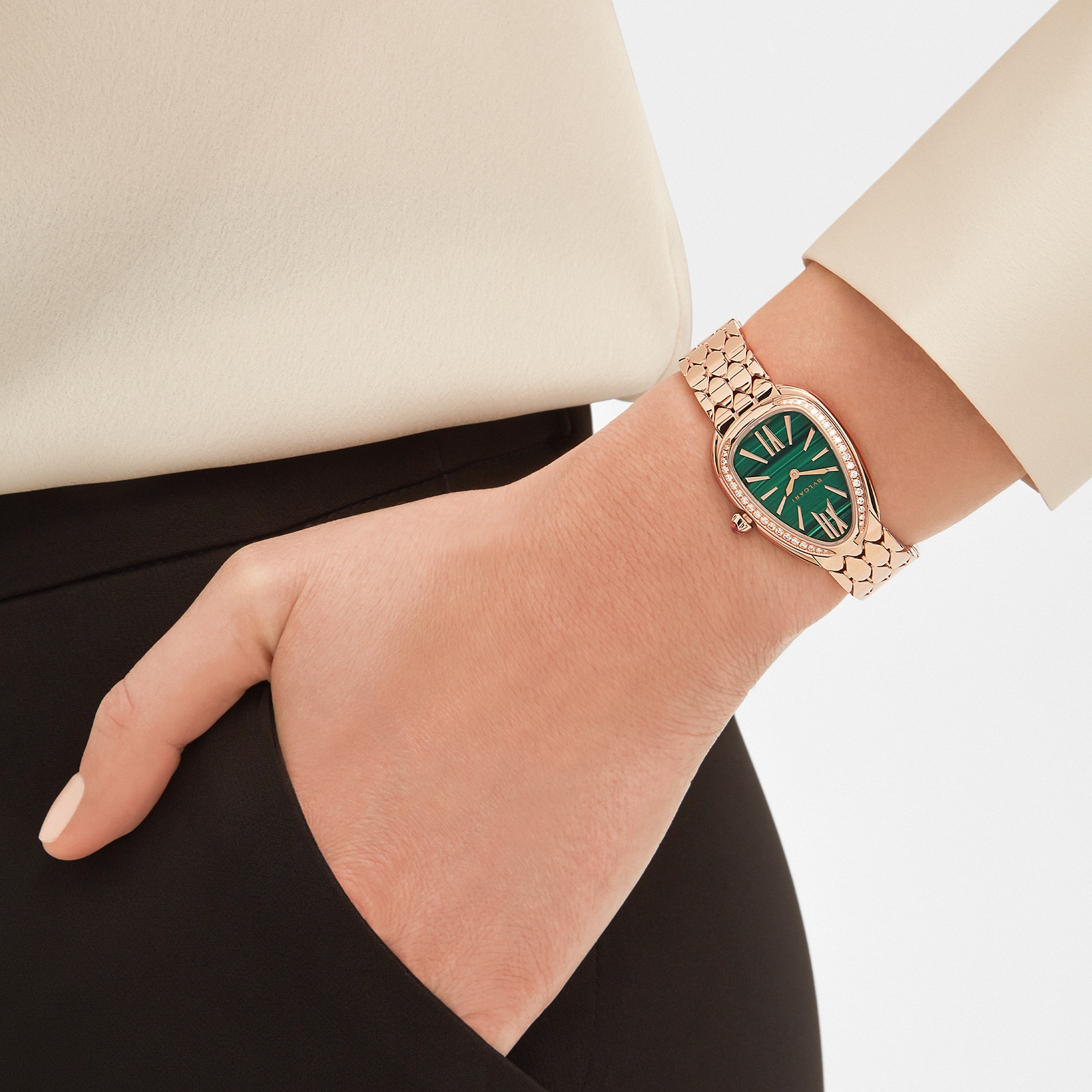 Bvlgari 18K Rose Gold Serpenti Seduttori Diamond & Malachite Watch