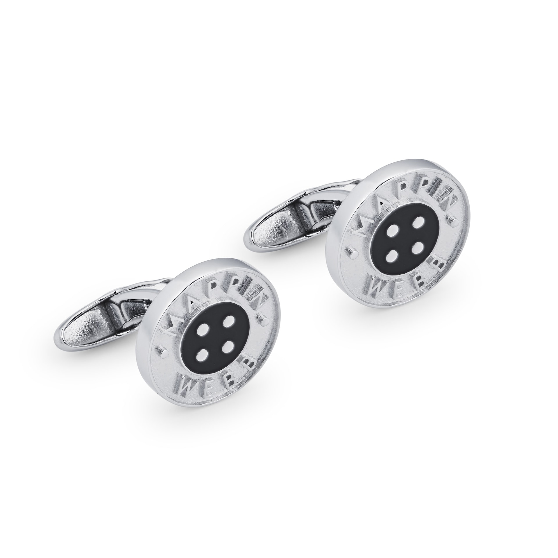 Mappin & Webb Sterling Silver MW Button with Black Enamel  Cufflinks