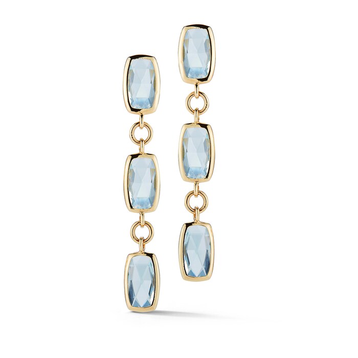 A & Furst 18k Yellow Gold Gaia Cushion Cut Bezel Set Blue Topaz Drop Earrings