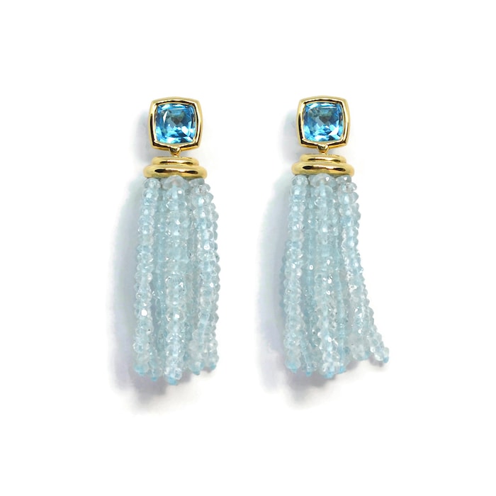A & Furst 18k Yellow Gold Gaia Blue Topaz and Aquamarine Drop Tassel Earrings
