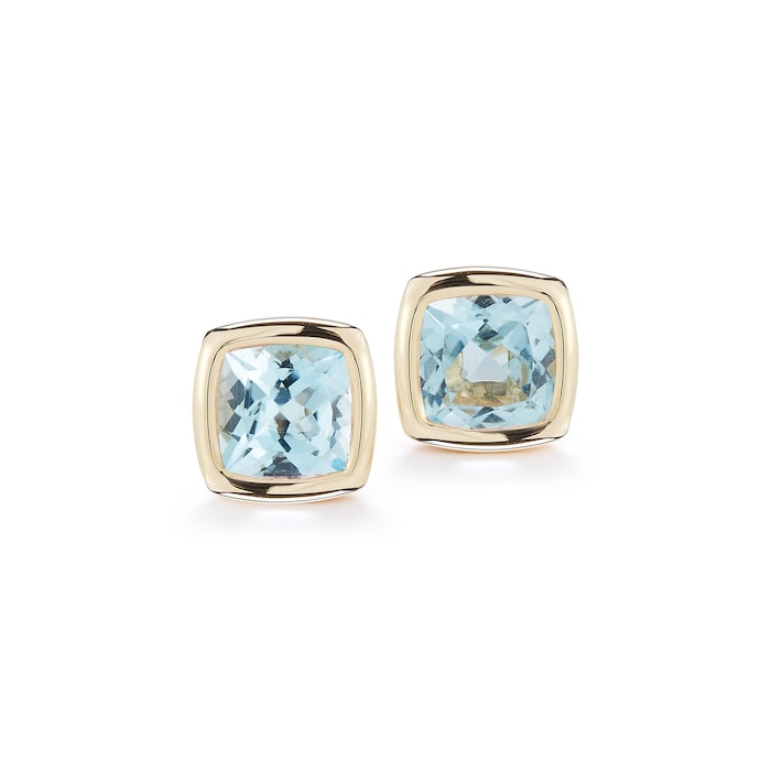 Betteridge 18k Yellow Gold Gaia 9mm Cushion Cut Bezel Set Blue Topaz Stud Earrings