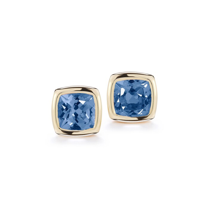 A & Furst 18k Yellow Gold Gaia 9mm Cushion Cut Bezel Set Blue Topaz Stud Earrings