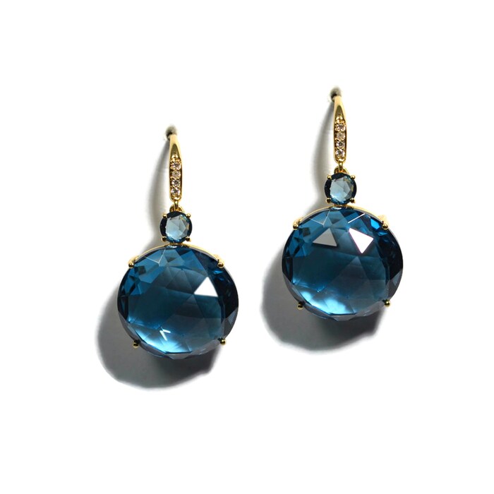 A & Furst 18k Yellow Gold 24cttw Blue Topaz and 0.09cttw Diamond Double Drop Earrings