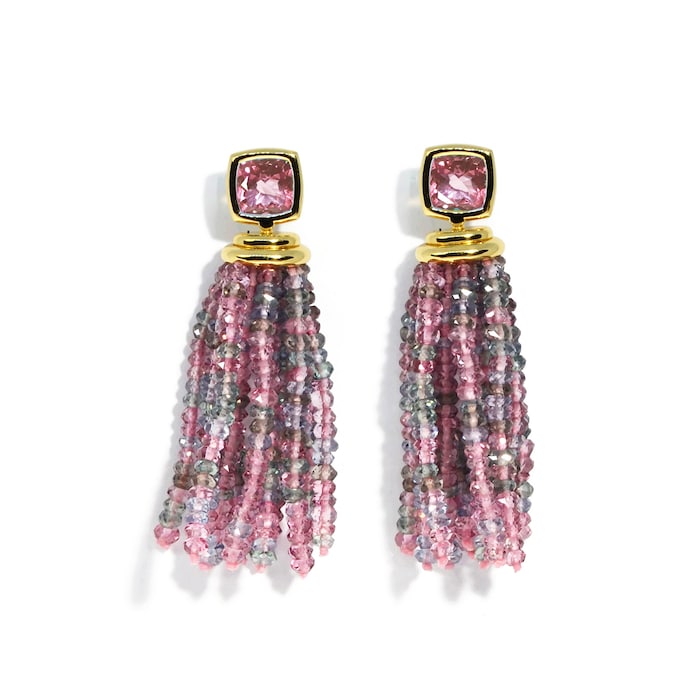 A & Furst 18k Yellow Gold Gaia Quartz and Pink Topaz Drop Tassel Earrings
