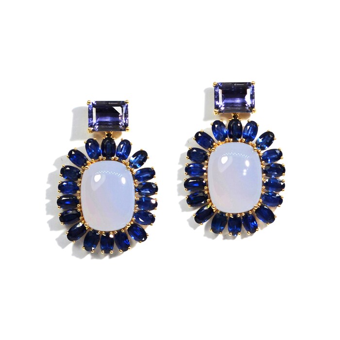 A & Furst 18k Yellow Gold Sole Blue Chalsedony Sapphire and Iolite Drop Earrings