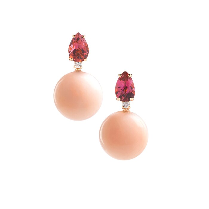 A & Furst 18k Yellow Gold Bonbon Pink Tourmaline Pink Opal and Diamond Drop Earrings