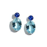 A & Furst 18k Yellow Gold Party Oval Blue Topaz and Round Kyanite Drop Earrings