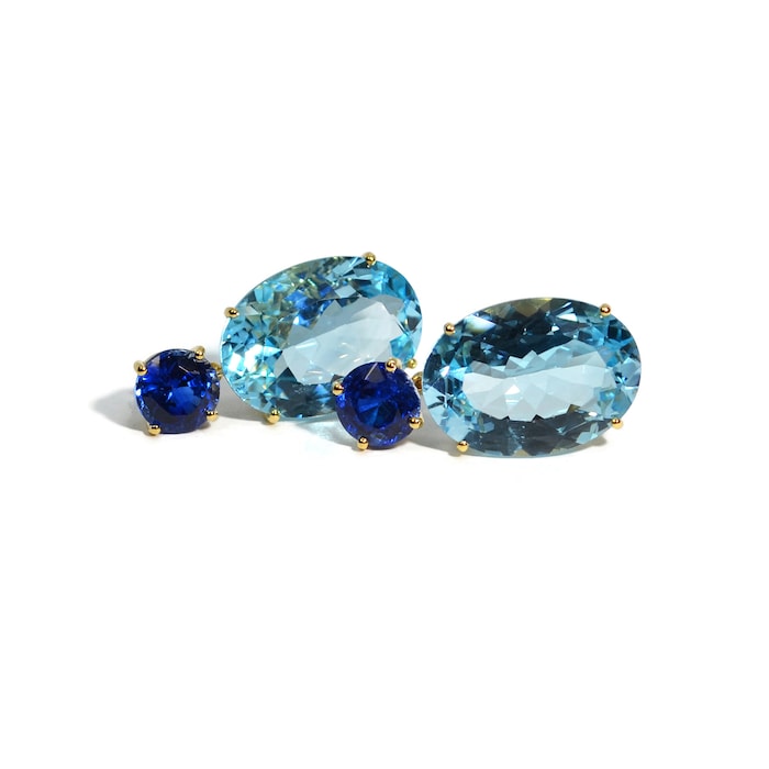 A & Furst 18k Yellow Gold Party Oval Blue Topaz and Round Kyanite Drop Earrings