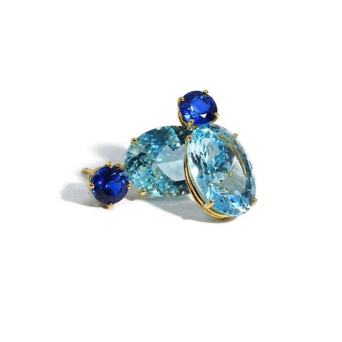 A & Furst 18k Yellow Gold Party Oval Blue Topaz and Round Kyanite Drop Earrings