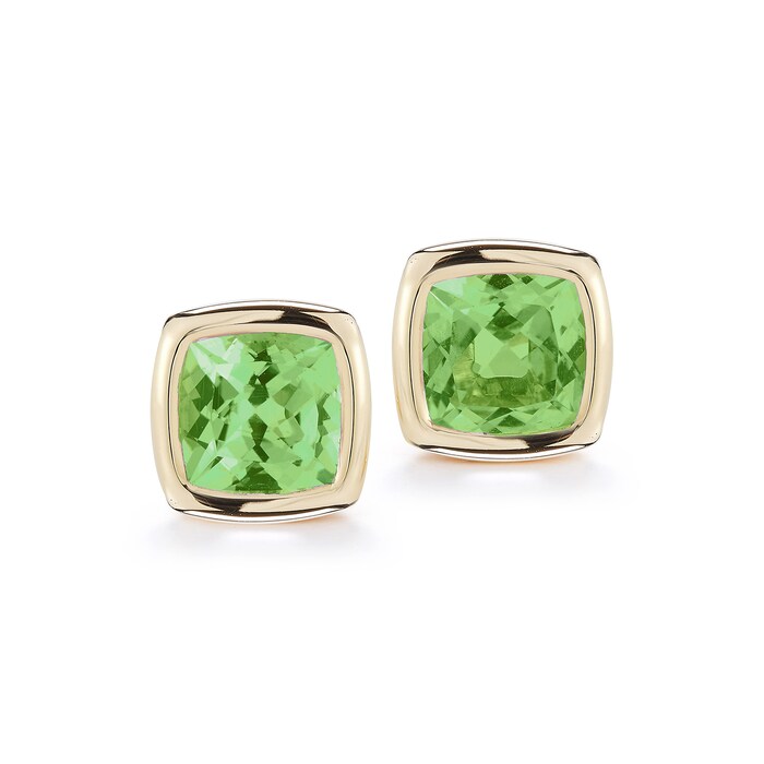 A & Furst 18k Yellow Gold Gaia 9mm Cushion Cut Bezel Set Peridot Stud Earrings