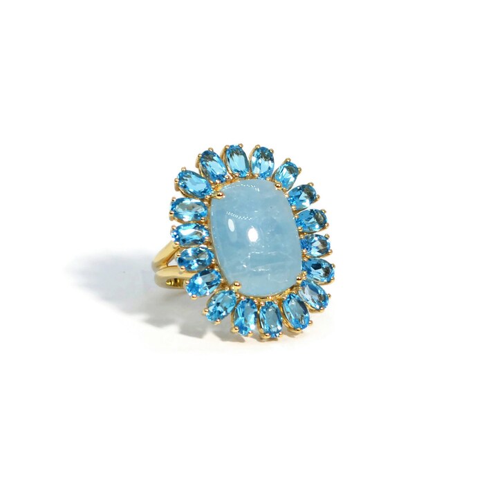 A & Furst 18k Yellow Gold Sole Milky Aquamarine and Blue Topaz Ring Size 6.5