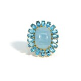 A & Furst 18k Yellow Gold Sole Milky Aquamarine and Blue Topaz Ring Size 6.5