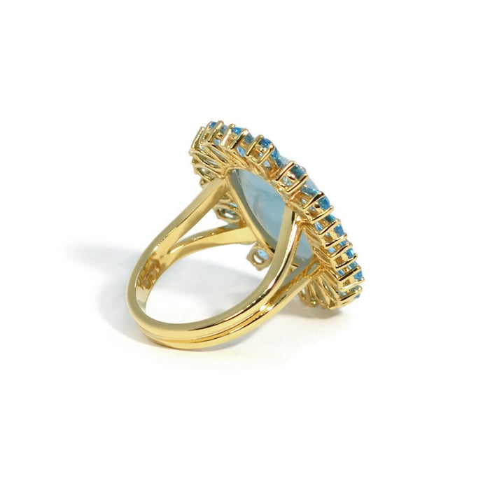 A & Furst 18k Yellow Gold Sole Milky Aquamarine and Blue Topaz Ring Size 6.5