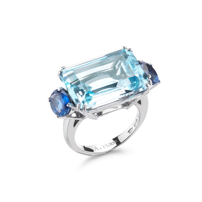 A & Furst 18k White Gold Party Emerald Cut Blue Topaz and Kynate 3 Stone Ring
