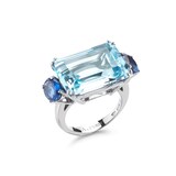 A & Furst 18k White Gold Party Emerald Cut Blue Topaz and Kynate 3 Stone Ring