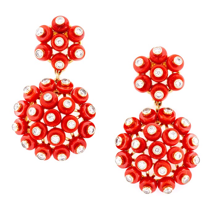 Aletto Brothers 18k Yellow Gold Coral and 2.10cttw Diamond Drop Earrings