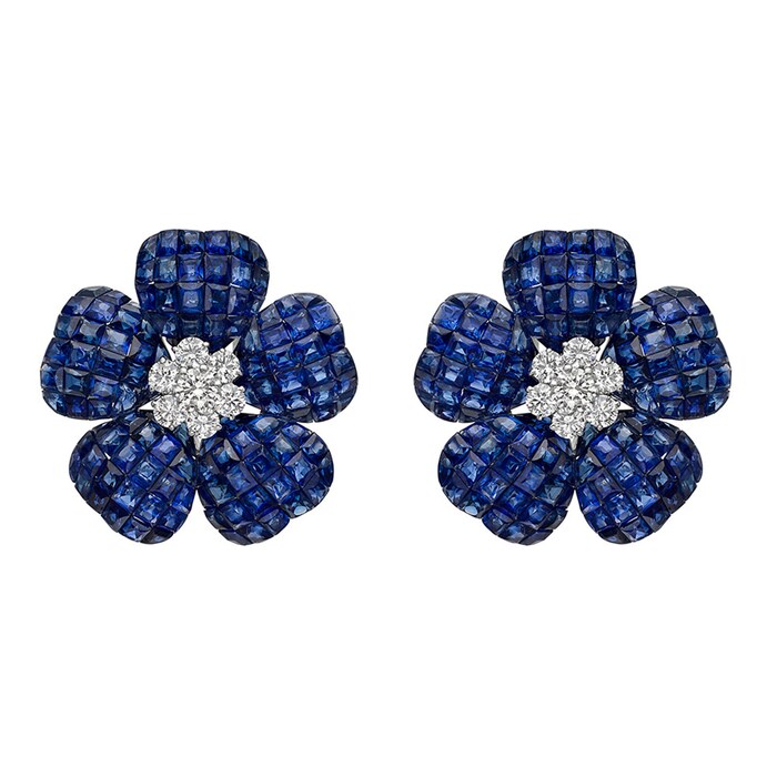 Betteridge 18k White Gold 37.67cttw Sapphire and 1.13cttw Diamond Flower Earrings