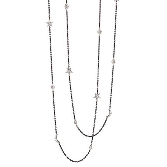 Monica Rich Kosann Sun Moon Stars Moonstone and White Sapphire Steel Chain Necklace 40"