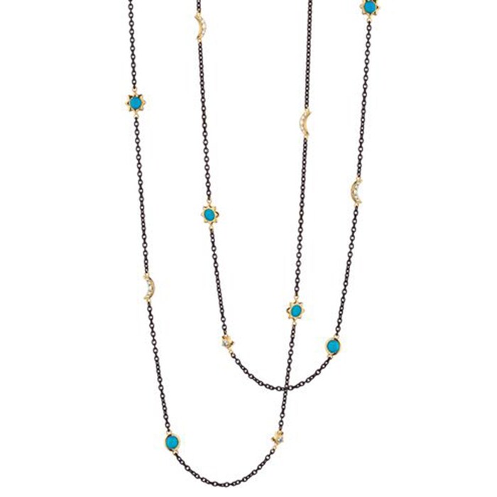 Monica Rich Kosann Sun Moon and Stars Diamond and Turquoise Steel Chain Necklace