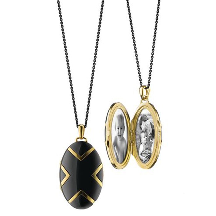 Monica Rich Kosann 18k Yellow Gold and Steel Chevron Black Ceramic Locket Necklace