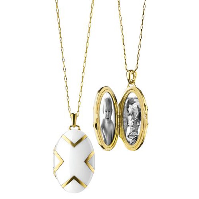 Monica Rich Kosann 18k Yellow Gold Chevron White Ceramic Locket Necklace 30"