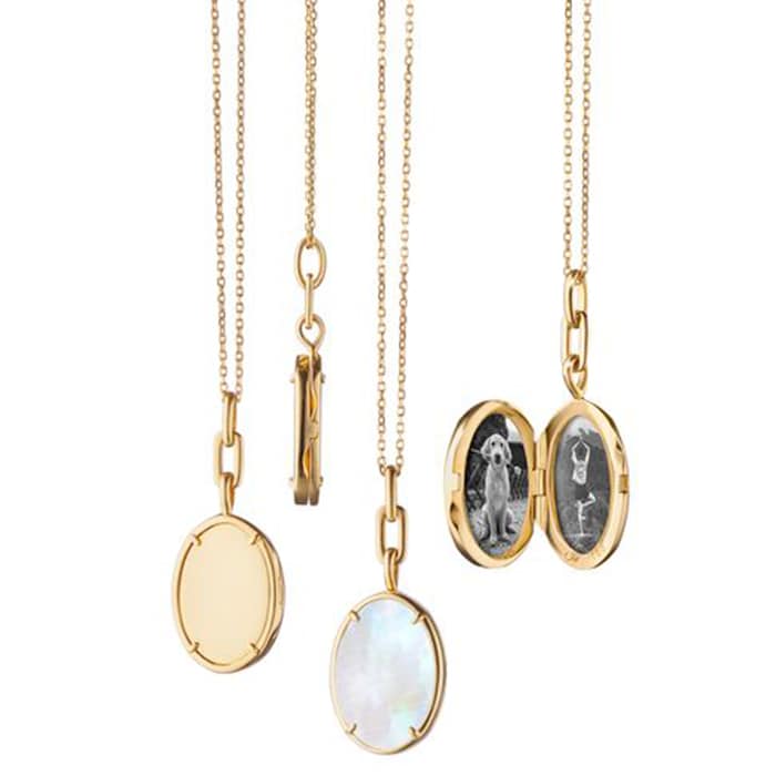 Monica Rich Kosann 18k Yellow Gold Elle Stone Slim Mother of Pearl Locket Necklace 30"