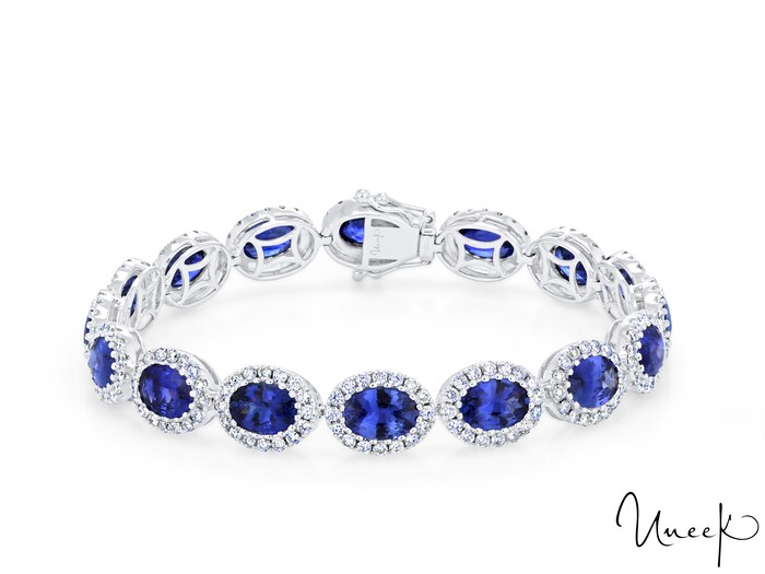 UNEEK 18k White Gold 12.45cttw Sapphire and 2.85cttw Diamond Halo Bracelet