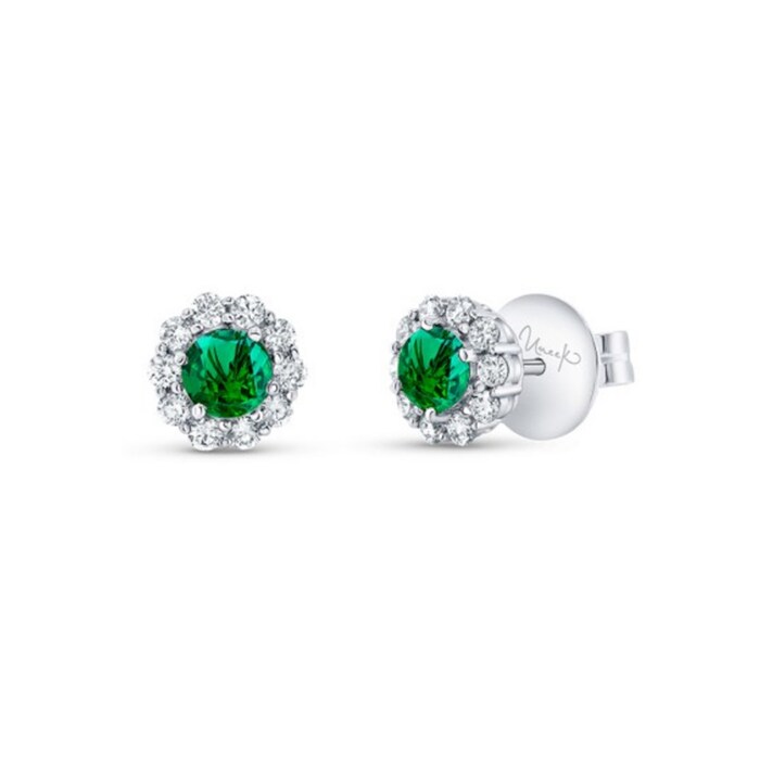 UNEEK 18k White Gold 0.80cttw Emerald and 0.40cttw Diamond Halo Stud Earrings
