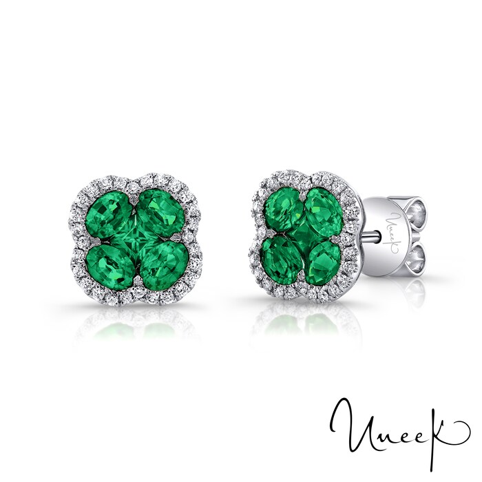 UNEEK 18k White Gold ???cttw Emerald and 0.21cttw Diamond Halo Stud Earrings