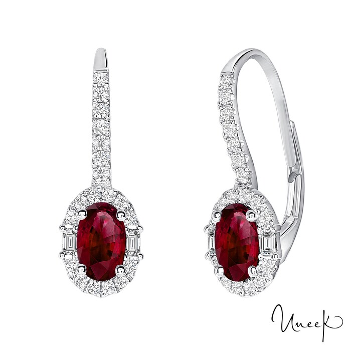 UNEEK 18k White Gold 1.14cttw Ruby and 0.34cttw Diamond Halo Earrings