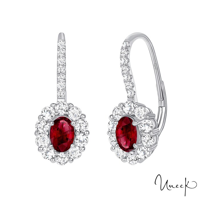 UNEEK 18k White Gold 1.04cttw Ruby and 0.92cttw Diamond Halo Drop Earrings