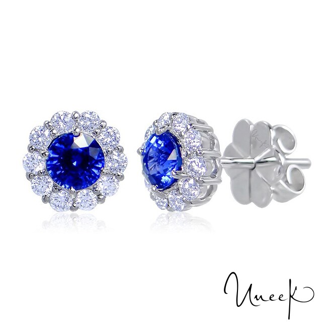 UNEEK 18k White Gold 1.01cttw Sapphire and 0.40cttw Diamond Cluster Earrings