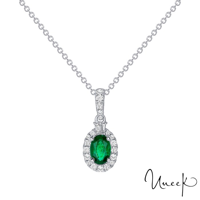 UNEEK 18k White Gold 0.42cttw Emerald and 0.18cttw Diamond Cluster Pendant 18"