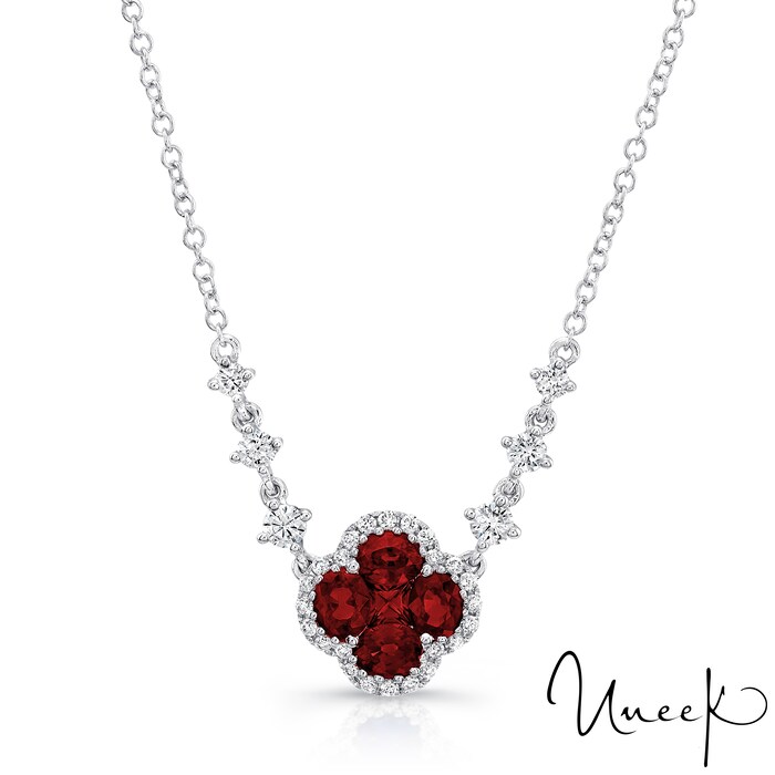 UNEEK 18k White Gold 0.92cttw Ruby and 0.36cttw Diamond Halo Pendant