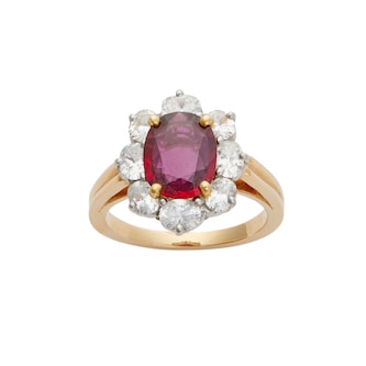 Vintage And Estate Jewelry 18K Yellow Gold Diamond & Ruby Halo Ring - Size 6.5