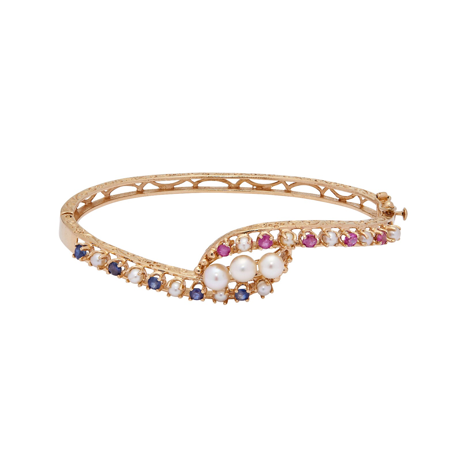 Vintage And Estate Jewelry 14k Yellow Gold Pearl Ruby and Sapphire Bracelet